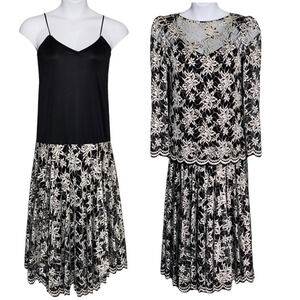 Vintage Pat Richards Black Evening Dress Size 14 Maiello Midi White Lace Holiday